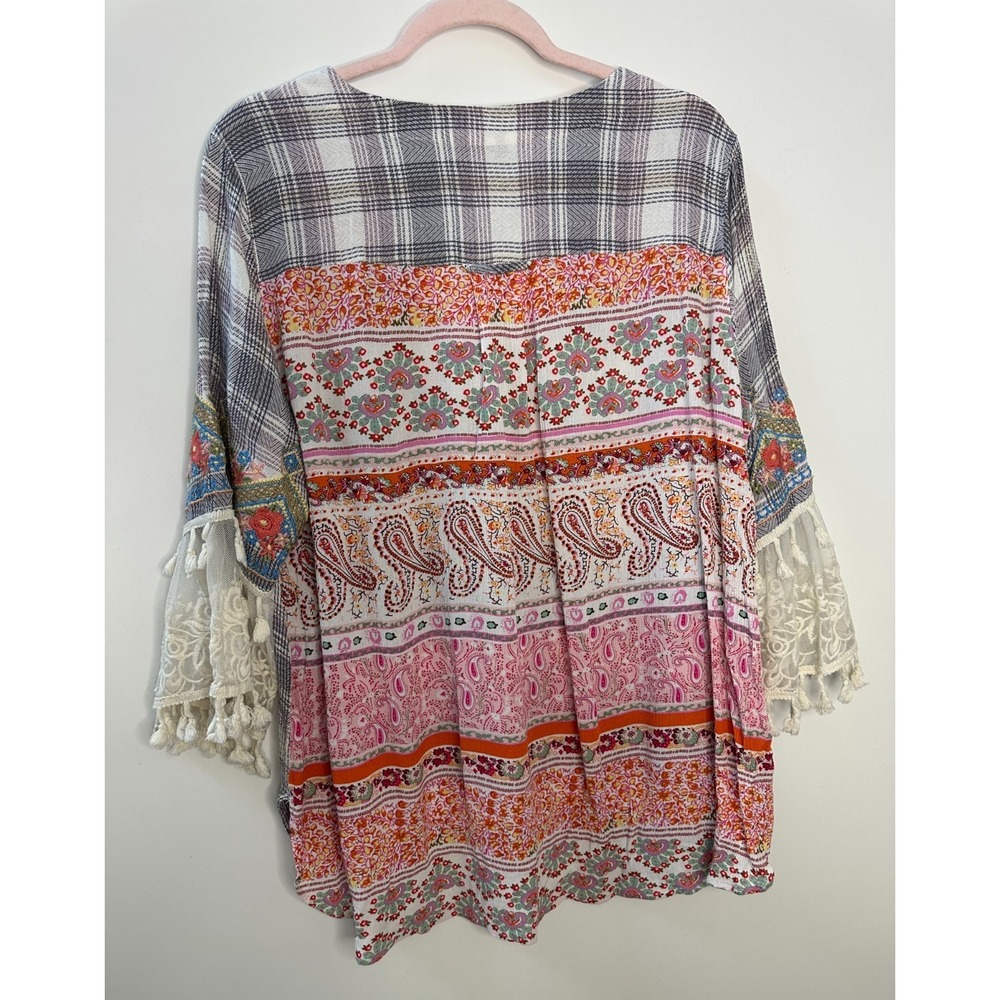 John Mark Boho Embroidered Plaid Tunic Top Lace Tassel Sleeve Blouse Womens XL - Picture 9 of 14